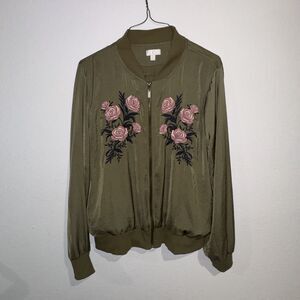 Silky Fashion Track Jacket Women’s Green L Large Retro Embroidered Windbreaker
